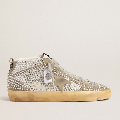 Golden Goose Mid Star Sneakers In White And Dove-gray Suede With Swarovski Crystals