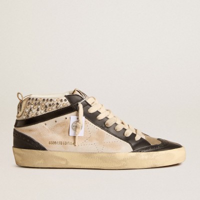 Golden Goose Mid Star Sneakers LTD In Black And White Leather With Pearls And Perforated Star