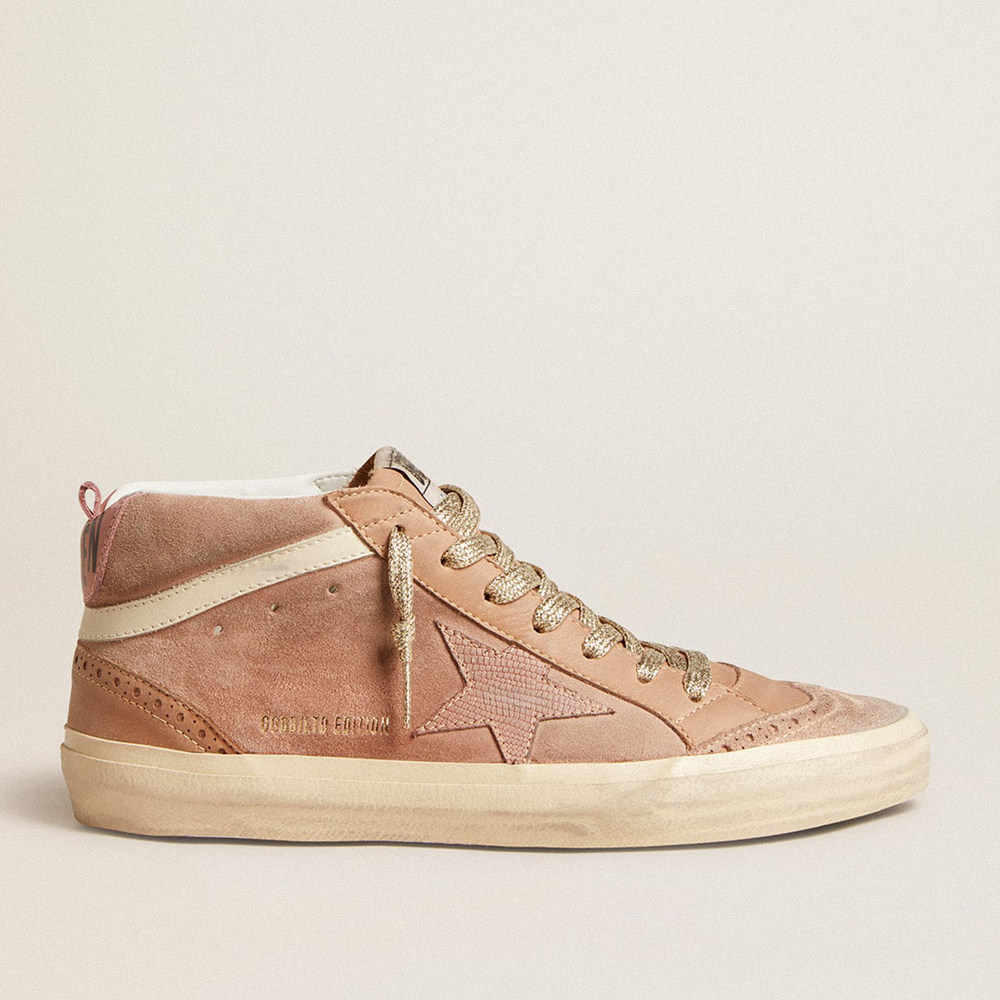 Golden Goose Mid Star Sneakers LTD In Pink Suede With Pink Lizard-print Leather Star