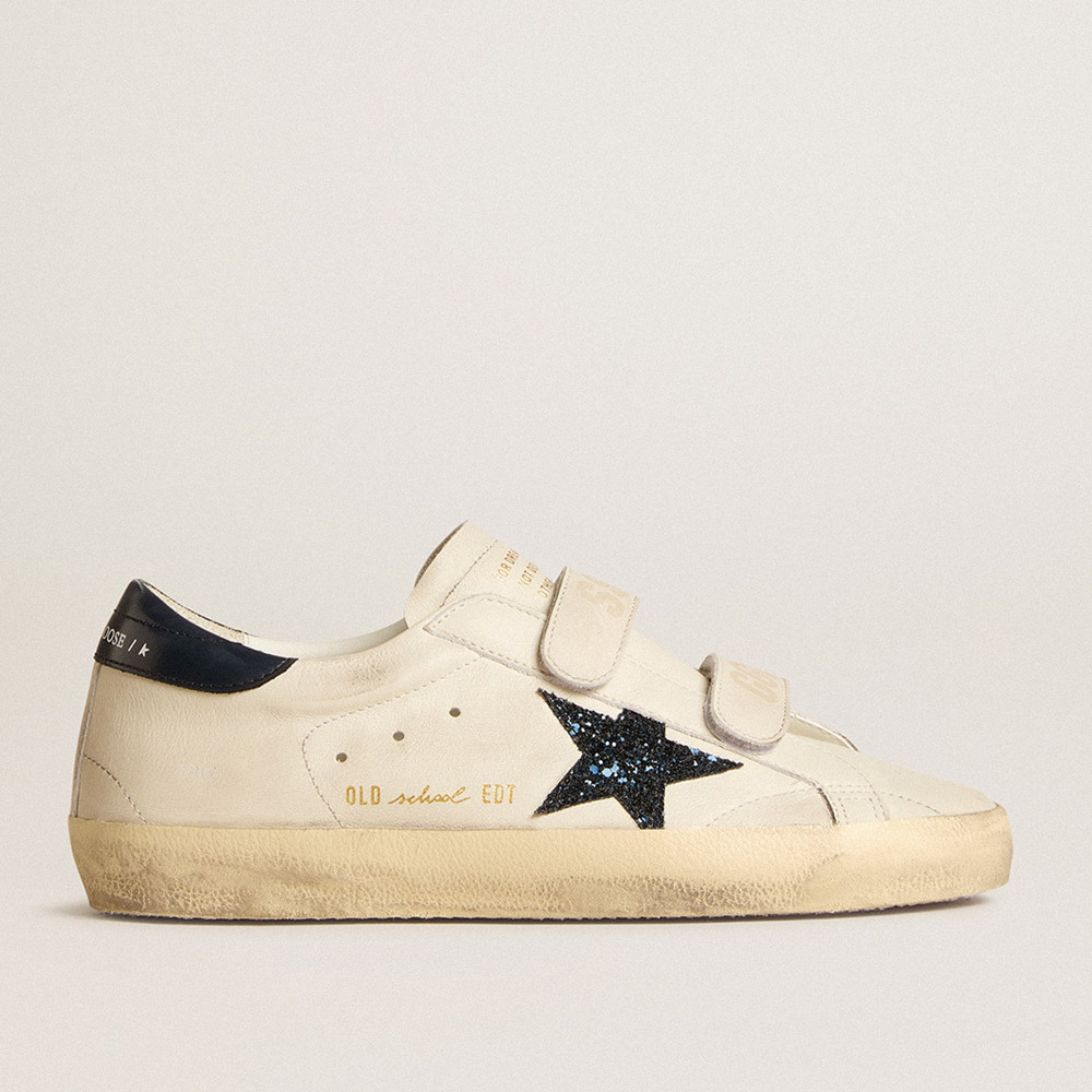 Golden Goose Old School Sneakers In Leather With Blue Glitter Star And Blue Leather Heel Tab