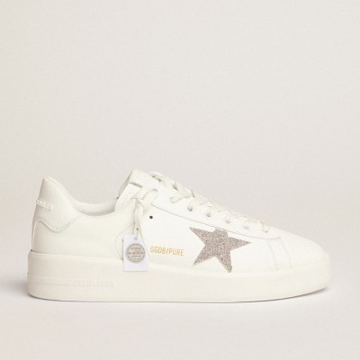 Golden Goose Purestar Sneakers In White Leather With Silver Swarovski Crystal Star