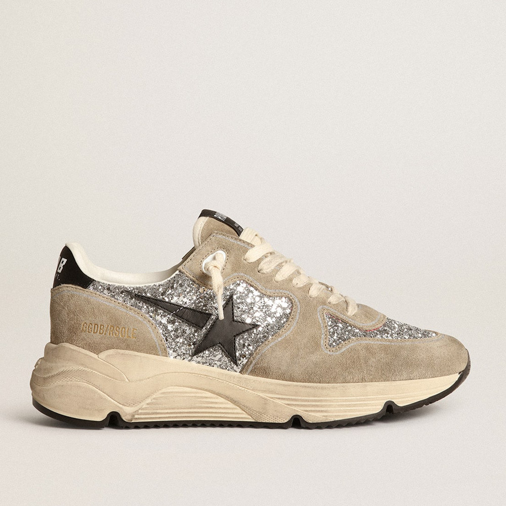 Golden Goose Running Sole Shoes In Silver Glitter And Dove Gray Suede