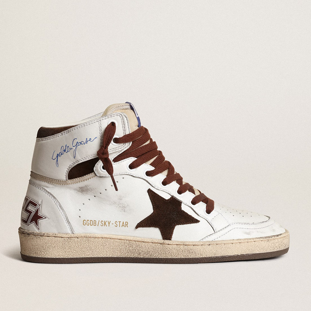 Golden Goose Sky-Star Sneakers In White Nappa Leather With Chocolate Suede Star