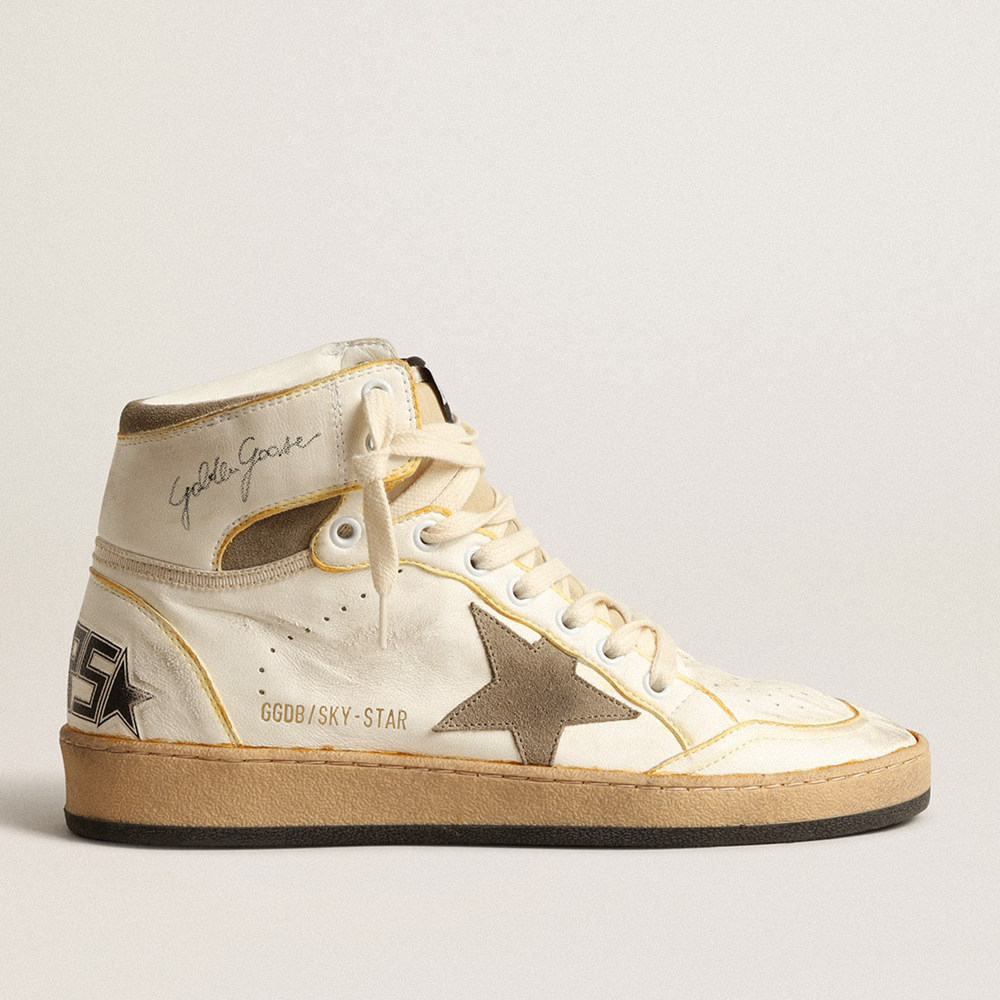 Golden Goose Sky-Star Sneakers In White Nappa Leather With Dove-gray Suede Star