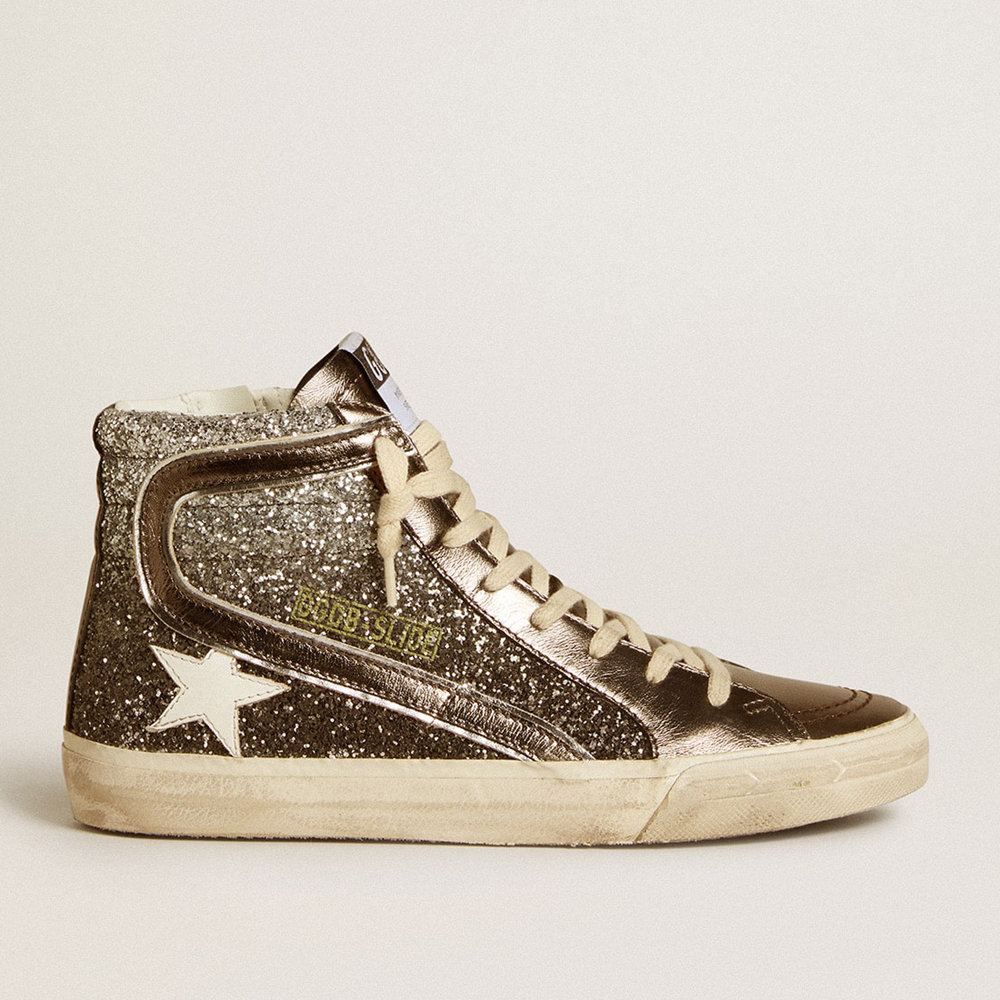 Golden Goose Slide Sneakers In Black And Silver Glitter With Leather Star And Metallic Flash