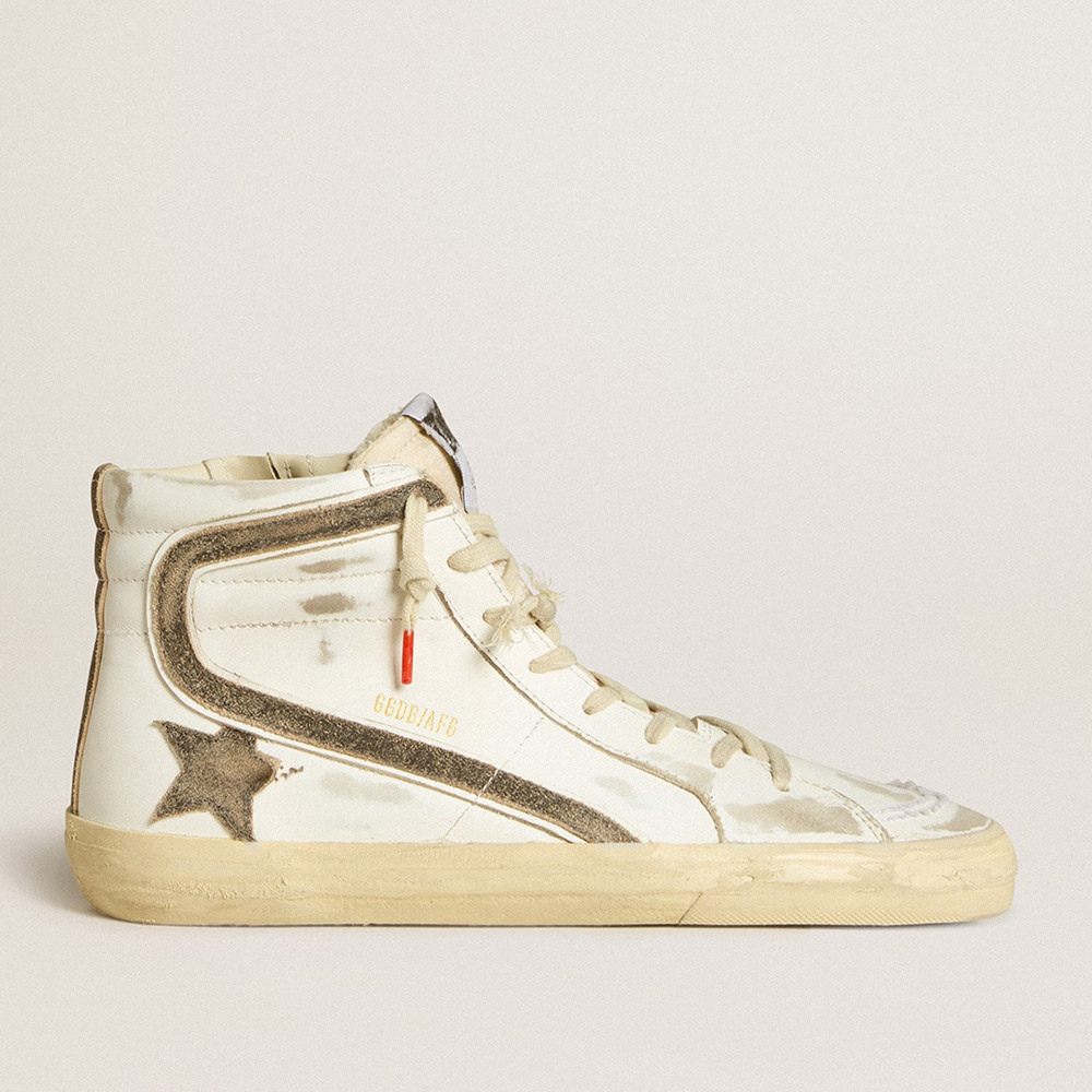 Golden Goose Slide Sneakers LAB In White Leather With Star And Flash In Brown Suede