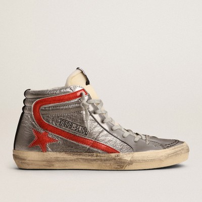 Golden Goose Slide Sneakers With Silver Metallic Leather Upper And Red Metallic Leather Flash