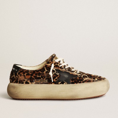 Golden Goose Space-Star Sneakers In Leopard Print Pony Skin With Black Star