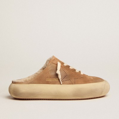 Golden Goose Space-Star Sneakers Sabot Shoes In Tobacco-colored Suede With Shearling Lining