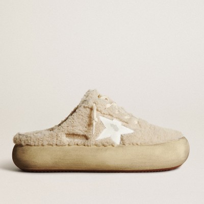 Golden Goose Space-Star Sneakers Sabots In Beige Shearling With White Leather Star