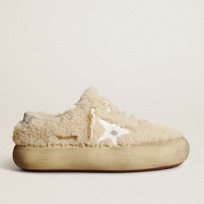 Golden Goose Space-Star Sneakers Shoes In Beige Shearling With White Leather Star And Metallic Leather Heel Tab