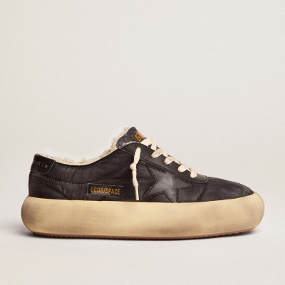 Golden Goose Space-Star Sneakers Shoes In Quilted Black Nylon With Shearling Lining