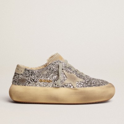 Golden Goose Space-Star Sneakers Shoes In Silver Glitter With Shearling Lining