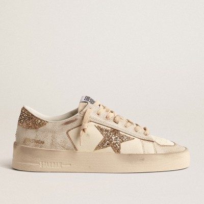 Golden Goose Stardan Sneakers In Ecru Nappa Leather With Gold Glitter Star And Heel Tab