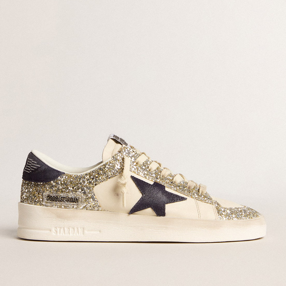 Golden Goose Stardan Sneakers In Platinum Glitter With Dark Blue Suede Star And Heel Tab