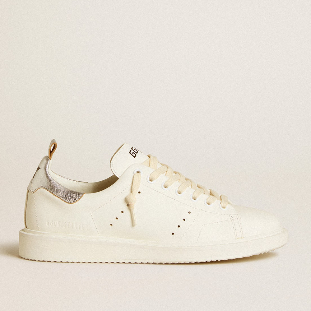 Golden Goose Starter Sneakers LTD In White Leather With Silver Metallic Leather Heel Tab