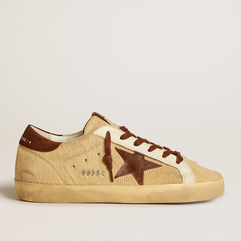 Golden Goose Super-Star Sneakers In Beige Pony Skin With Brown Suede Star And Heel Tab