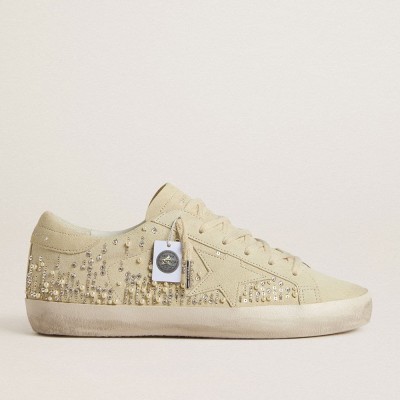 Golden Goose Super-Star Sneakers In Beige Suede With Pearls And Swarovski Crystals