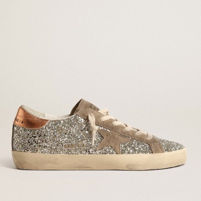 Golden Goose Super-Star Sneakers In Platinum Glitter With Dove-gray Suede Star