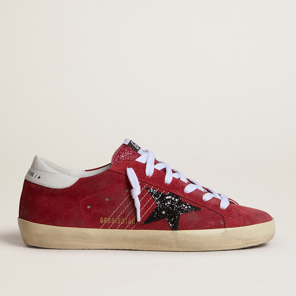 Golden Goose Super-Star Sneakers In Red Suede With Glitter Star And White Heel Tab