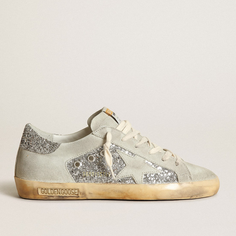 Golden Goose Super-Star Sneakers In Silver Glitter With Ice-gray Star And Inserts