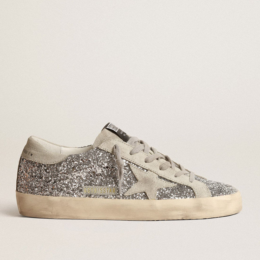 Golden Goose Super-Star Sneakers In Silver Glitter With Ice-gray Suede Star