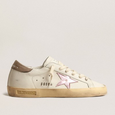 Golden Goose Super-Star Sneakers In White Nappa With Pink Metallic Leather Star