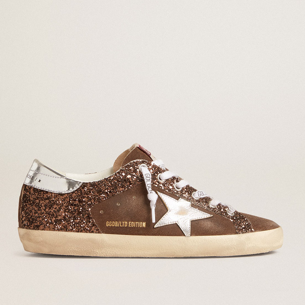 Golden Goose Super-Star Sneakers LTD In Brown Glitter And Suede With Leather Star And Heel Tab