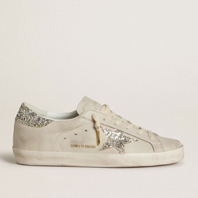 Golden Goose Super-Star Sneakers LTD In Ivory Nappa Leather With Platinum Glitter Star And Heel Tab