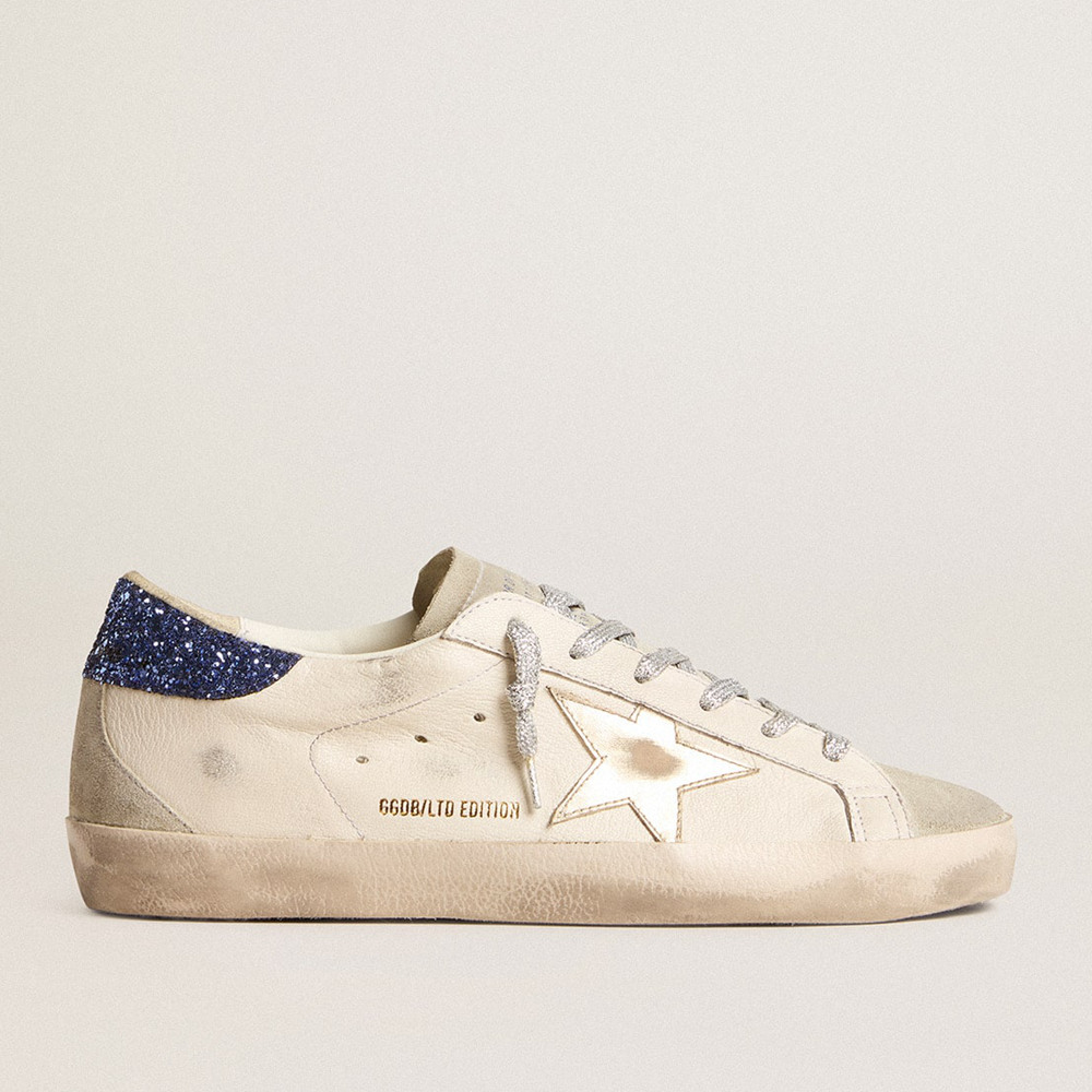 Golden Goose Super-Star Sneakers LTD In Nappa Leather With Platinum Star And Blue Glitter Heel Tab