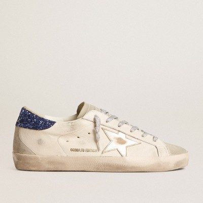 Golden Goose Super-Star Sneakers LTD In Nappa Leather With Platinum Star And Blue Glitter Heel Tab