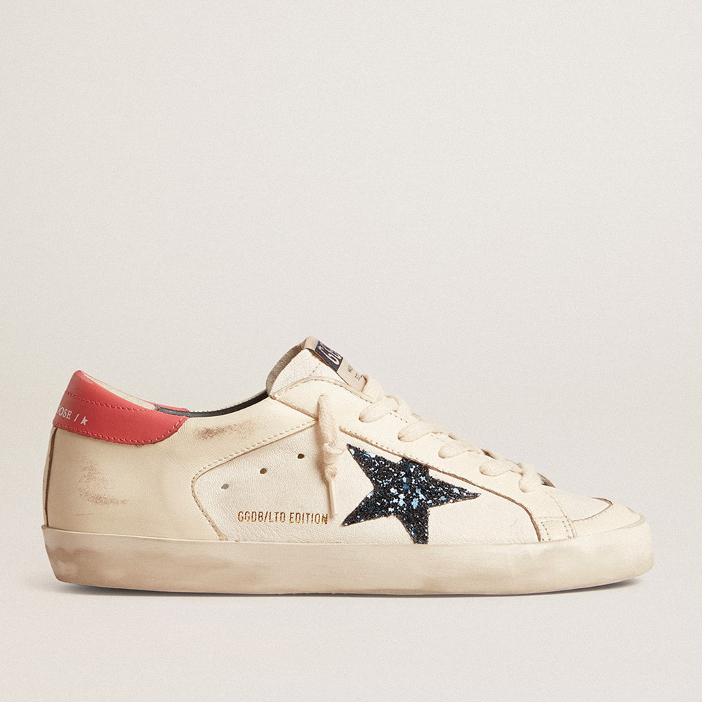 Golden Goose Super-Star Sneakers LTD In Nappa With Blue Glitter Star And Red Heel Tab