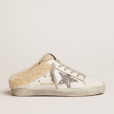 Golden Goose Super-Star Sneakers Sabot In White Leather And Shearling Lining