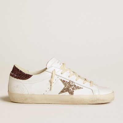 Golden Goose Super-Star Sneakers With Gold Glitter Star And Burgundy Glitter Heel Tab