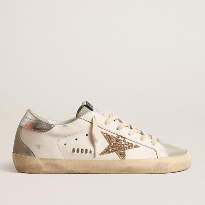 Golden Goose Super-Star Sneakers With Gold Glitter Star And Ice-gray Suede Inserts