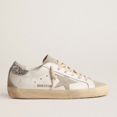 Golden Goose Super-Star Sneakers With Gray Star And Silver Glitter Heel Tab