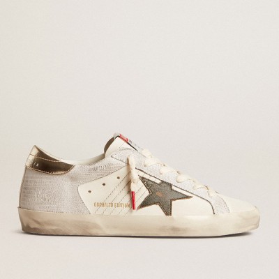 Golden Goose Super-Star Sneakers With Lizard Print With Green Star And Platinum Heel Tab