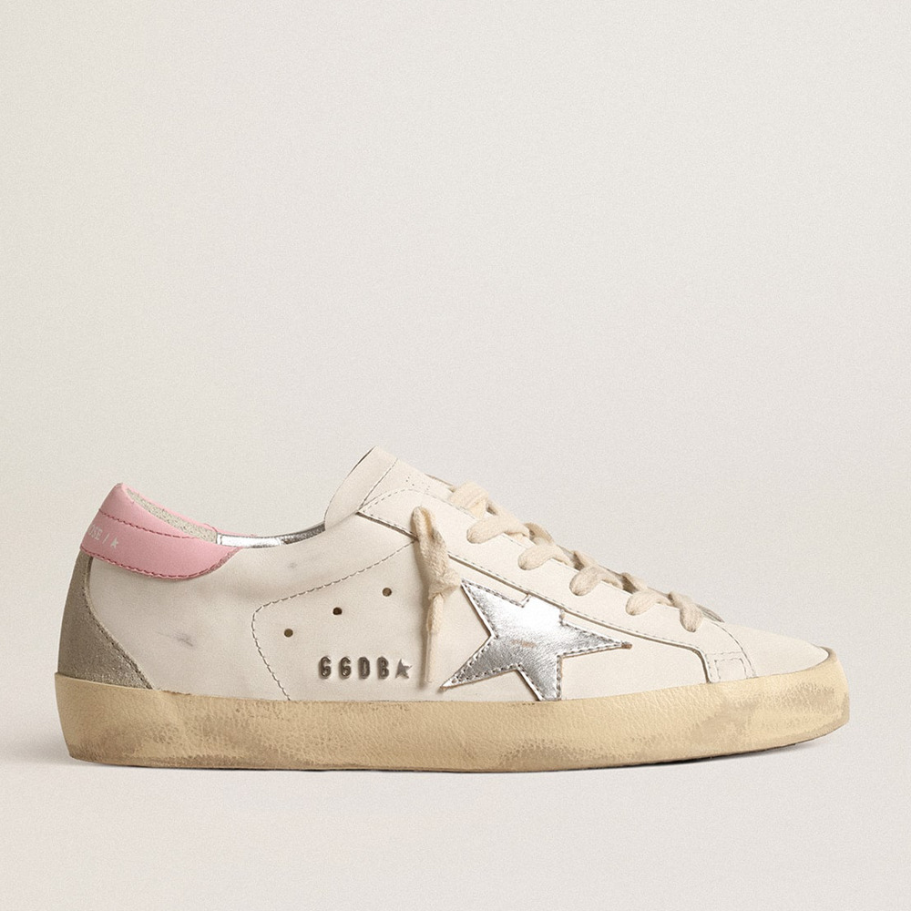 Golden Goose Super-Star Sneakers With Silver Leather Star And Pink Heel Tab