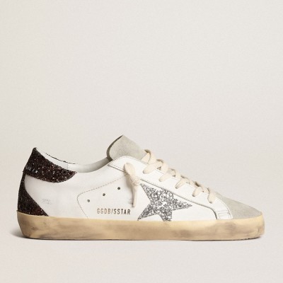 Golden Goose Super-Star Sneakers With Silver Star And Brown Glitter Heel Tab