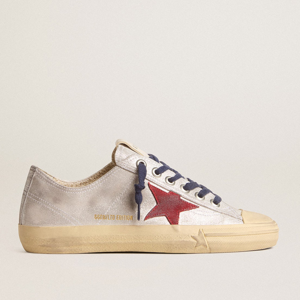 Golden Goose V-Star Sneakers LTD In Silver Metallic Suede With Red Suede Star