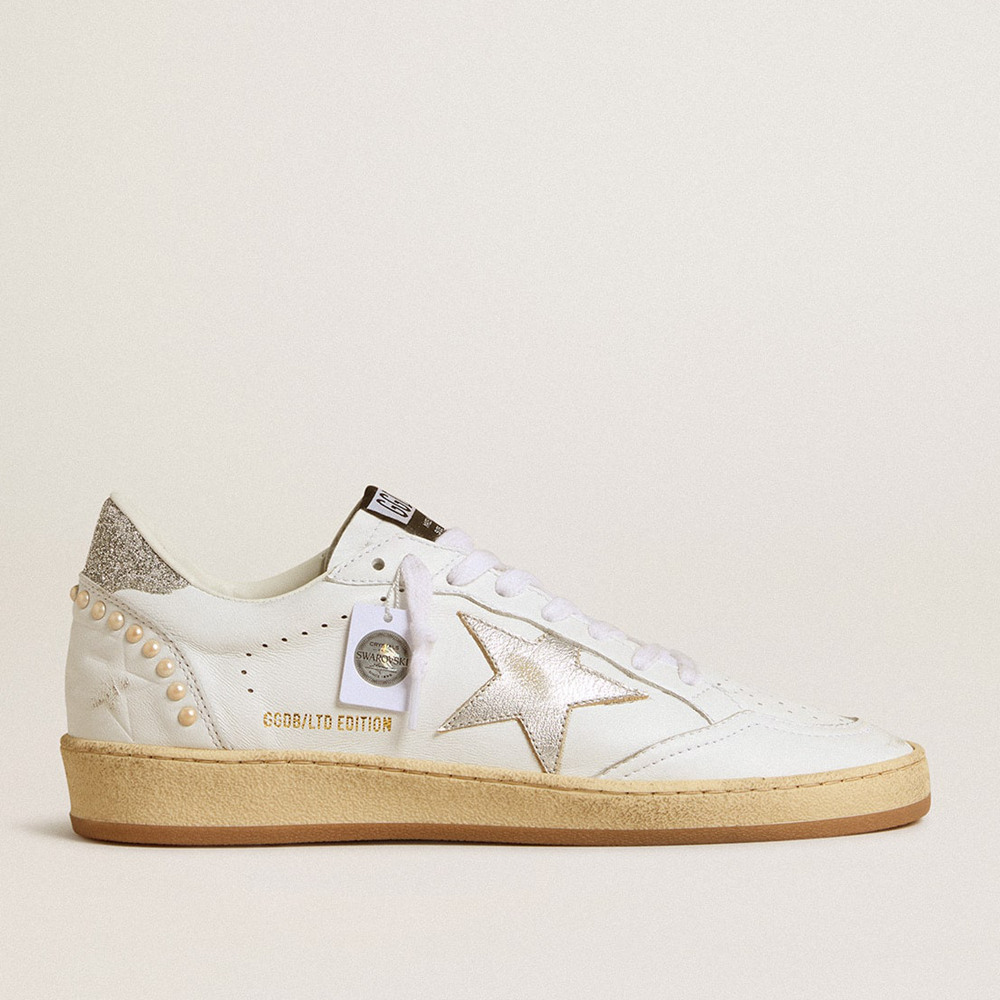 Golden Goose White Ball Star Sneakers With A Silver Star And Swarovski Crystal Heel Tab With Pearls